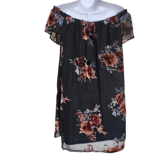Velvet Burnout Off Shoulder peasant Mini Dress Dark Floral Xhiliration size sma… - Picture 3 of 10